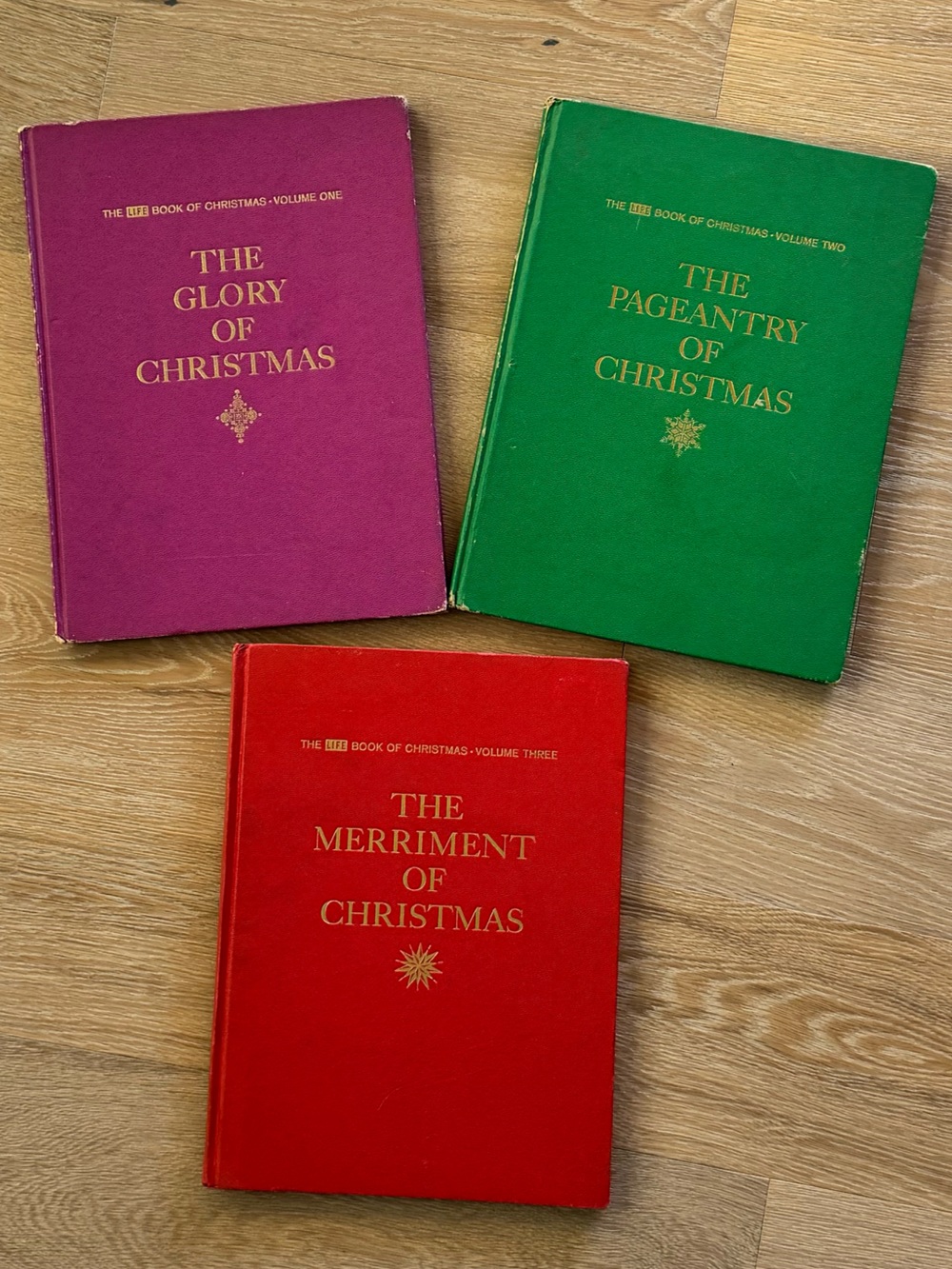 Vintage Set of Holiday Coffee Table Books in Red, Green, Purple with Gold Foil